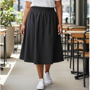 Athleta Black Gameday Midi Skirt Elastic Waist Pockets Athleisure XL